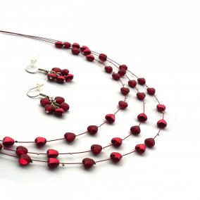 Červený ♥ jemný třířadý náhrdelník s náušnicemi