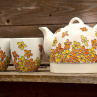 Varná konvice porcelánová malovaná – žluté květy (set se dvěma hrnky)