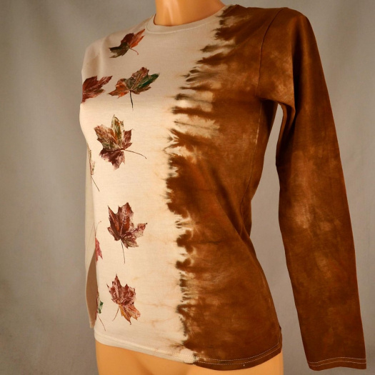 Béžovo-hnědé batikované dámské triko s listy S