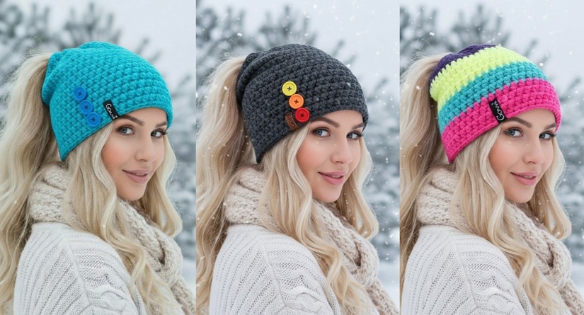 Pestré čepice s otvorem na culík, praktičnost a styl