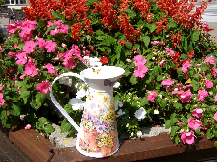 Plechová konvice 20 cm - Květiny s motýlky