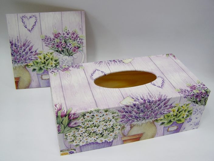 Sada - krabice na kapesníky a obrázek - Fialové květináče