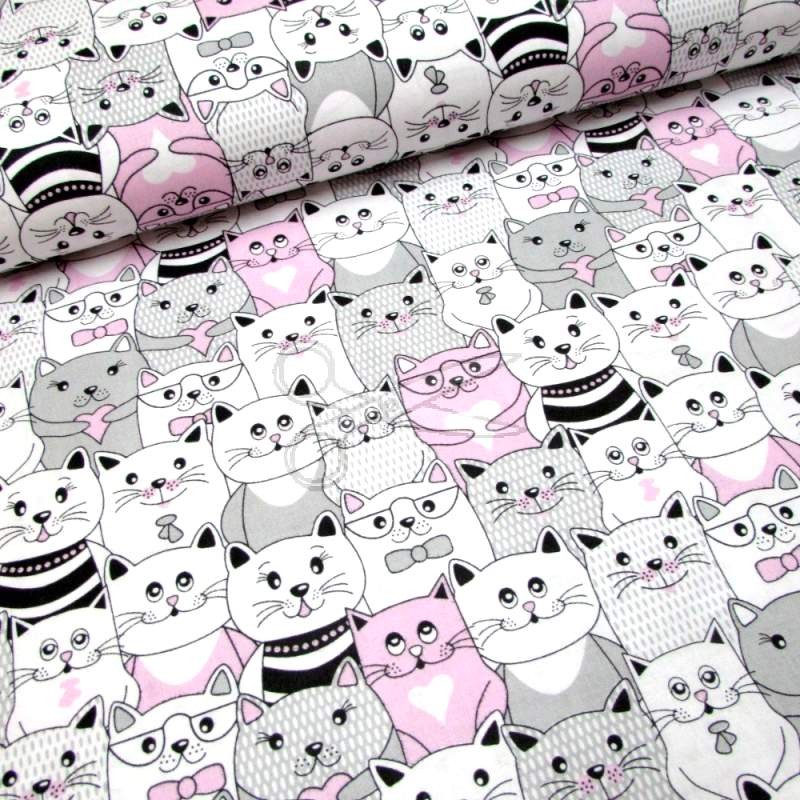 Bavlněná látka - metráž - kočka růžová - š. 160 cm