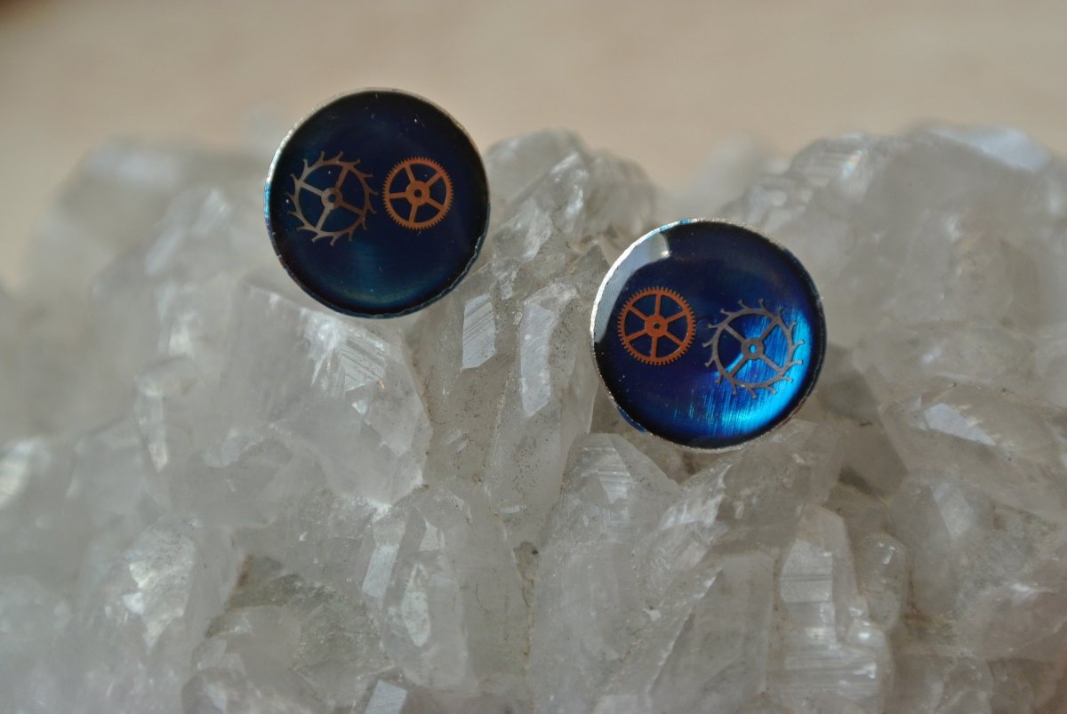 Steampunkové naušnice - modré puzetky