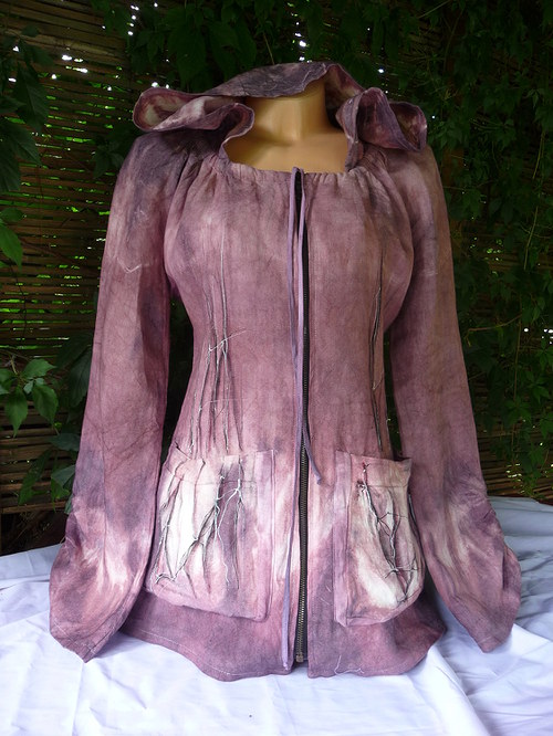 Lněný  kabátek , vínový ( ruční batika a malba)