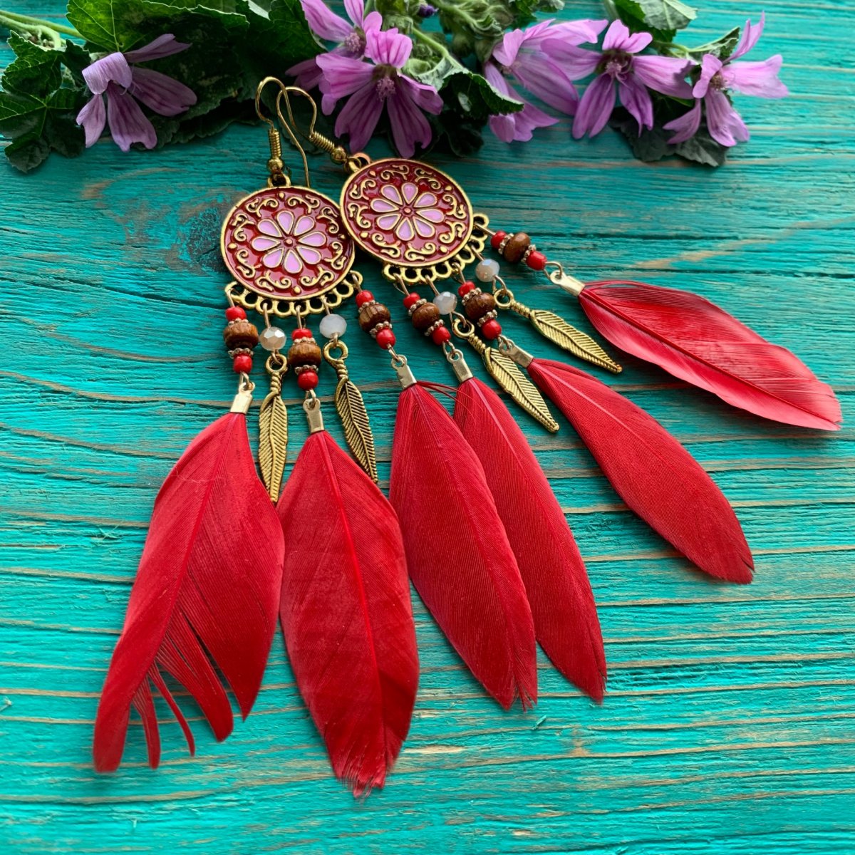 Peříčkové červené náušnice 2