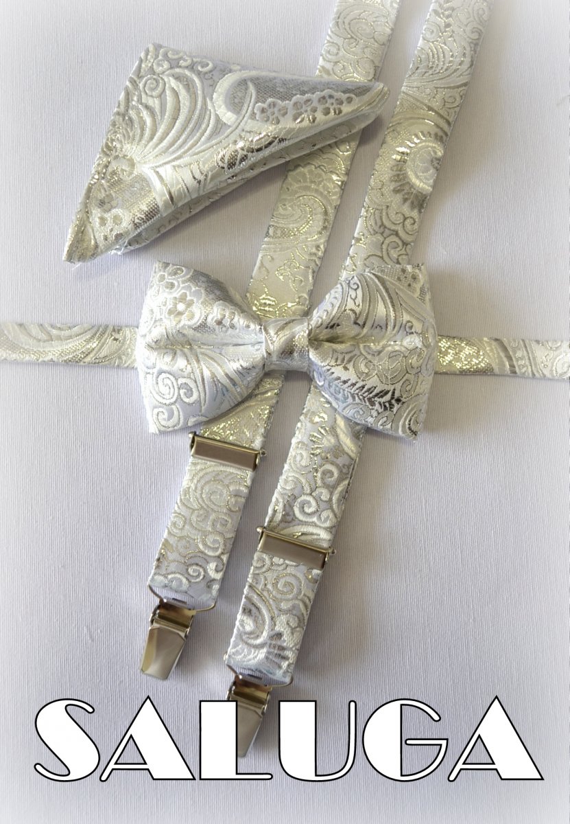 Luxusní set motýlek + šle stříbrný svatební