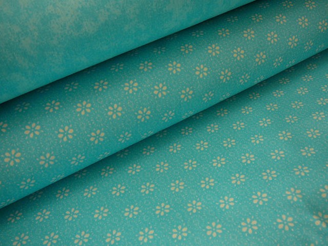 Bavlněná látka - metráž - bílá kytička na tyrkysové - š. 150 cm