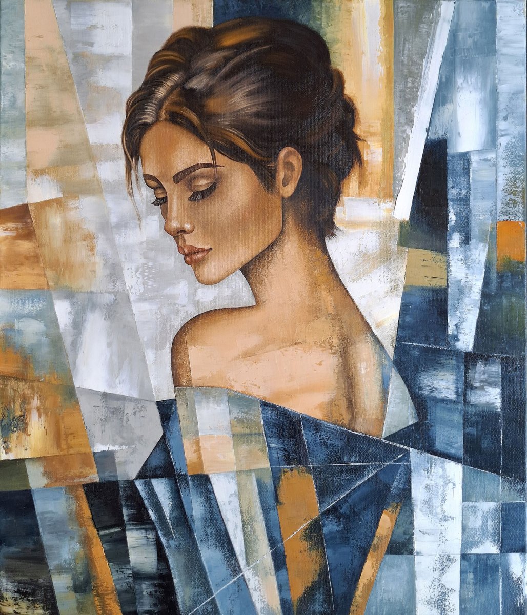 Reflections – originální obraz ženy, moderní portrét v modrých a okrových tónech, 60 × 70 cm