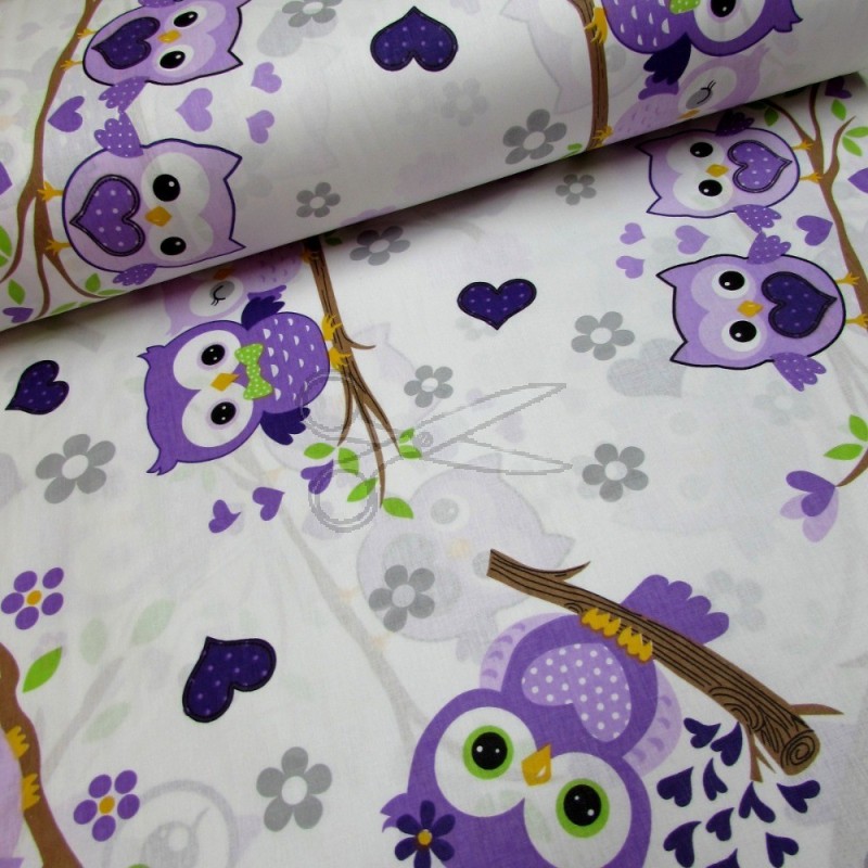 Bavlněná látka - metráž - sovička fialová - š.240 cm
