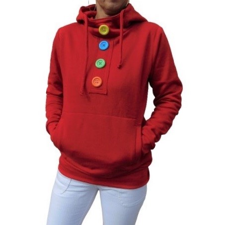 Mikina s kapucí - červená s barevnými knoflíky S - XXXL