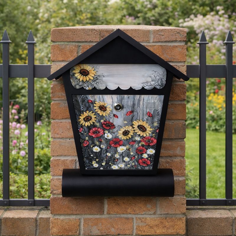 Ručně malovaná poštovní schránka – domeček s motivem zahrady