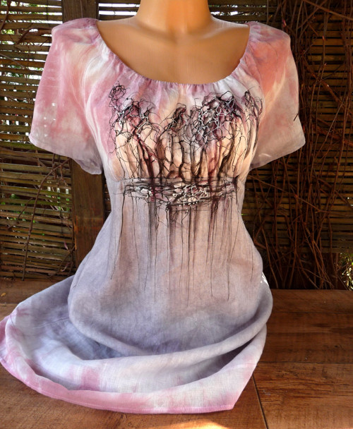 Lněné, růžovo-šedé malované šaty