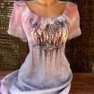 Lněné, růžovo-šedé malované šaty