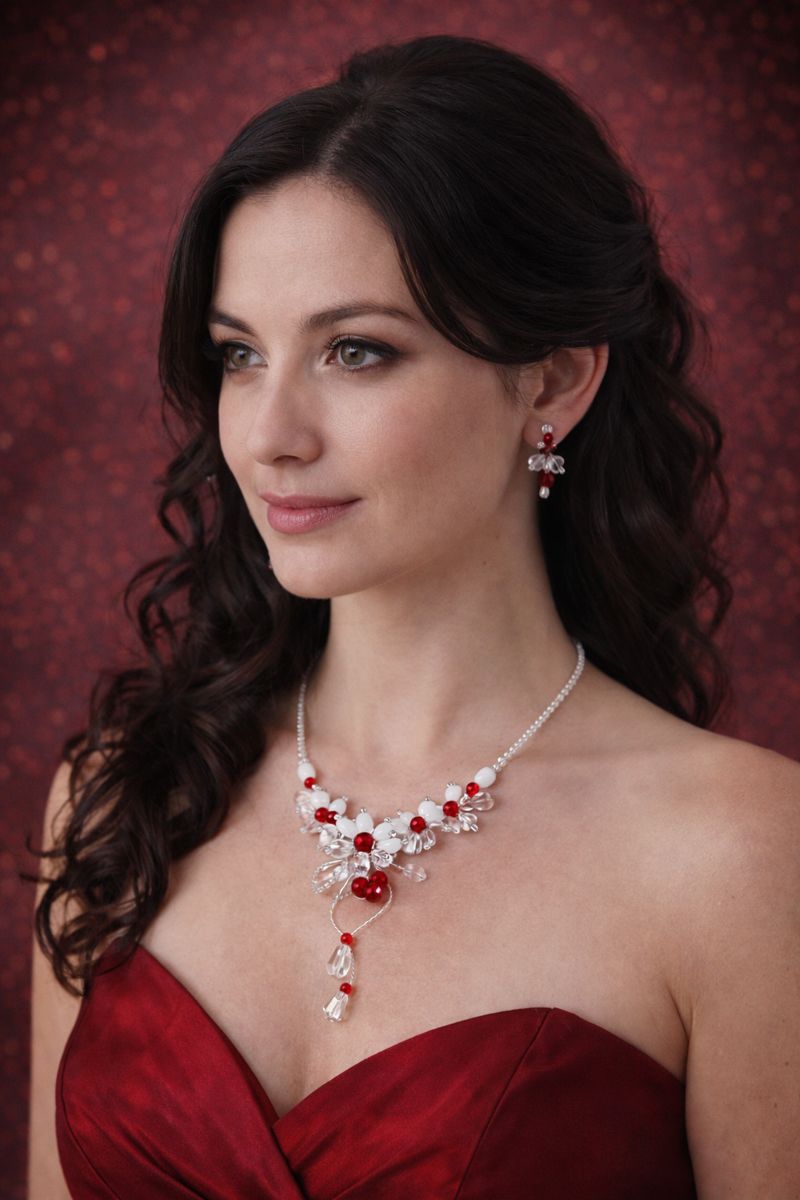 Autorský náhrdelník a náušnice – rudé květy