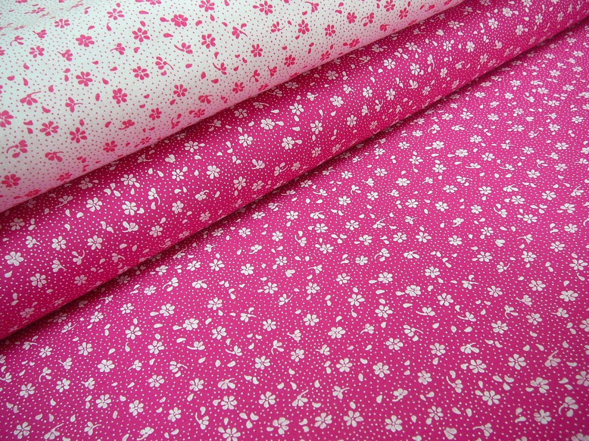 Bavlněná látka - metráž - bílá kytička na sytě růžové - š. 150 cm