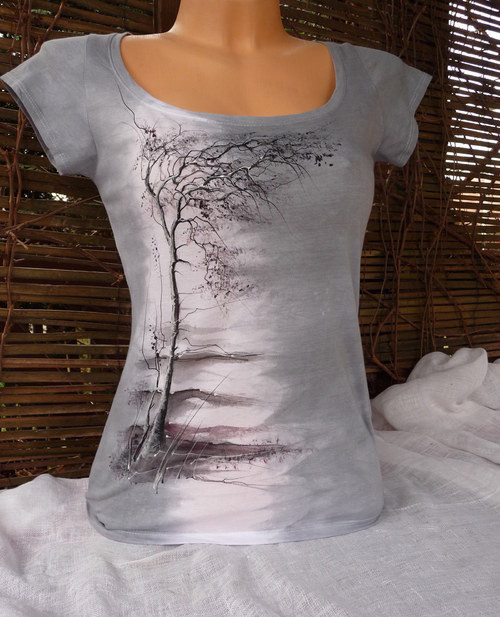 Malované tričko , šedé s malbou stromku