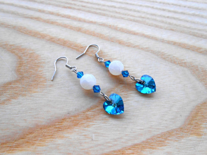 Náušnice - Swarovski srdíčka a bílý dračí achát (36/18)