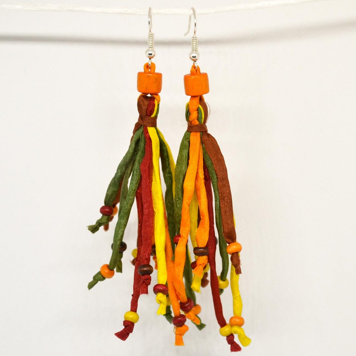 Náušnice hedvábí-dřevo v podzimních barvách 9966897
