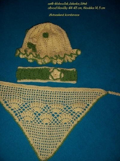 háčkovaný setík čelenka-šátek a klobouček