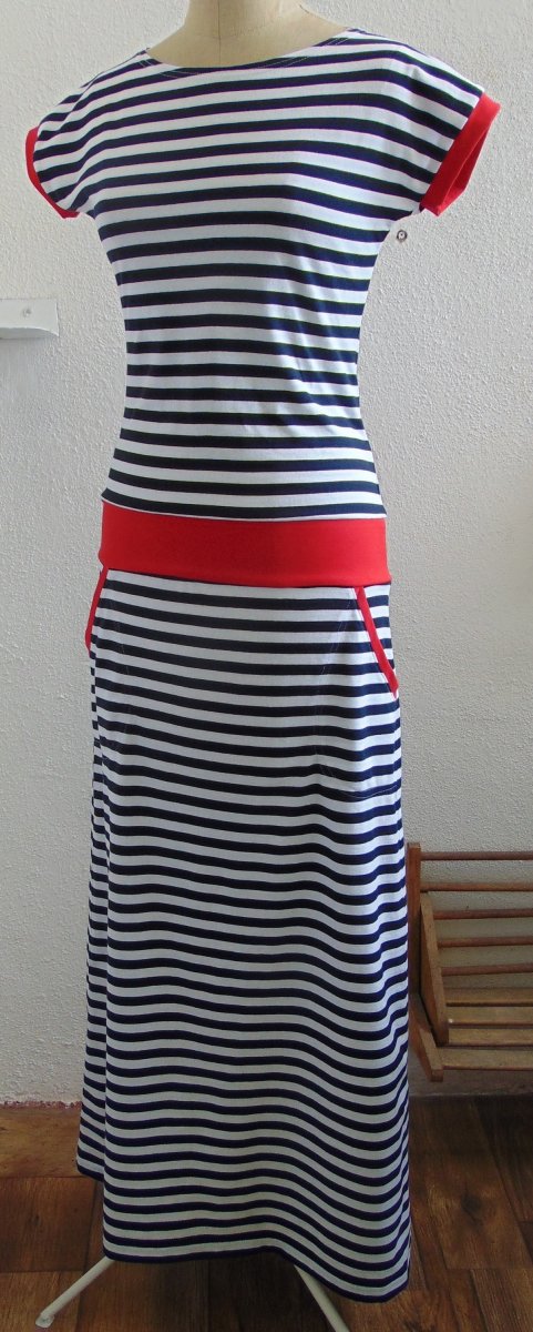 Dlouhé šaty - modré pruhy (bavlna)