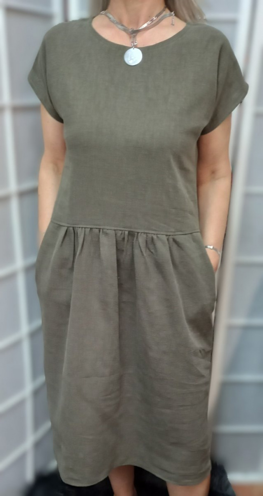 Lněné šaty s kapsami - barva khaki (velikost 2XL a 3XL)