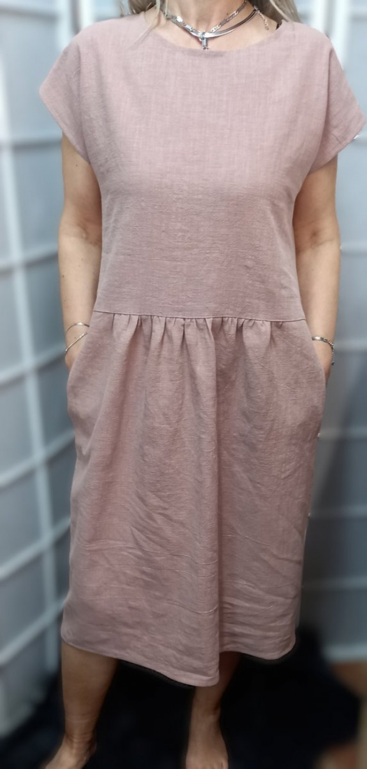 Lněné šaty s kapsami - barva pudrová