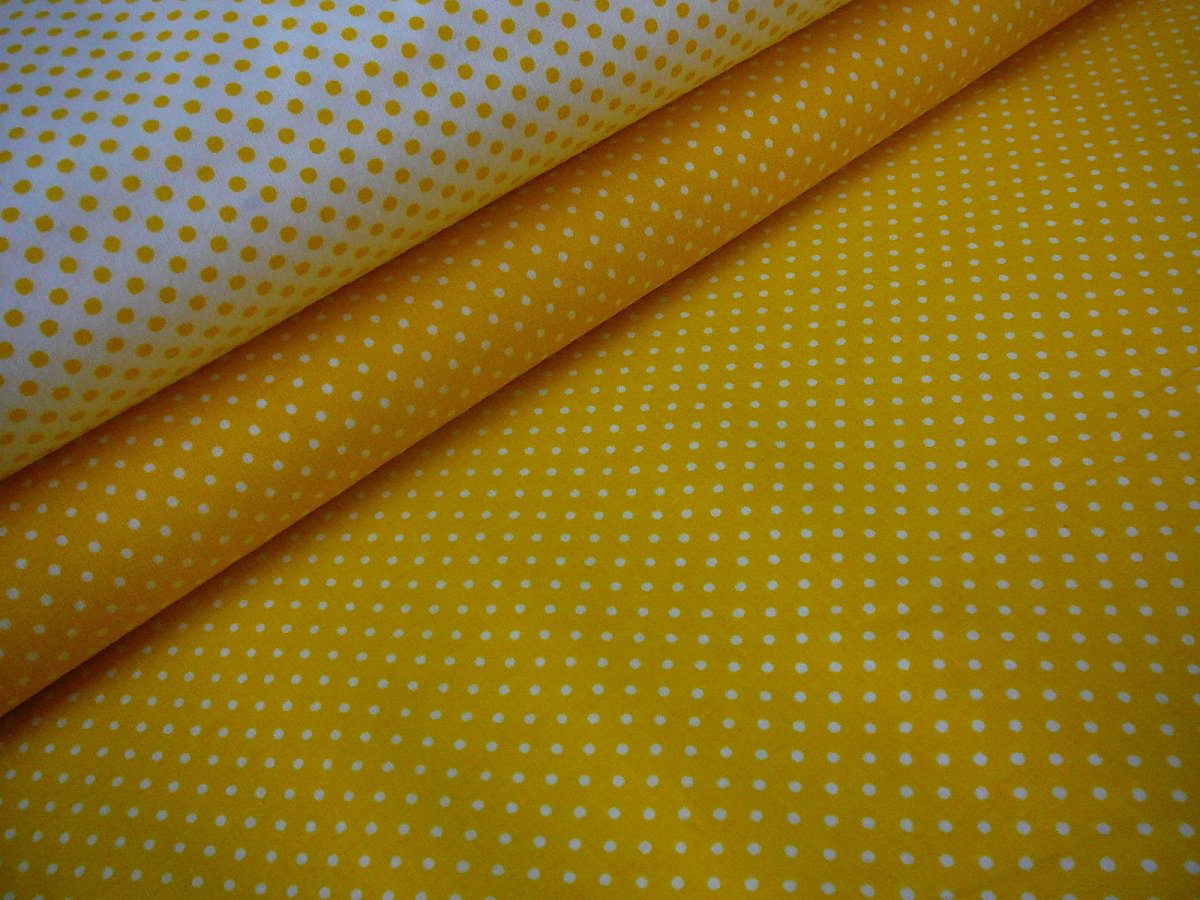Bavlněná látka - metráž - bílý puntíček na žluté - š. 150 cm