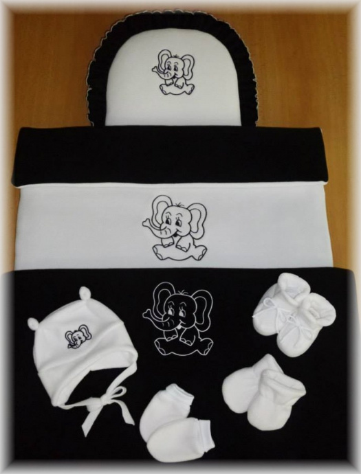 Černobílé fleece peřinky - plymo do kočárku Slon+ čepička, rukavičky bačkůrky