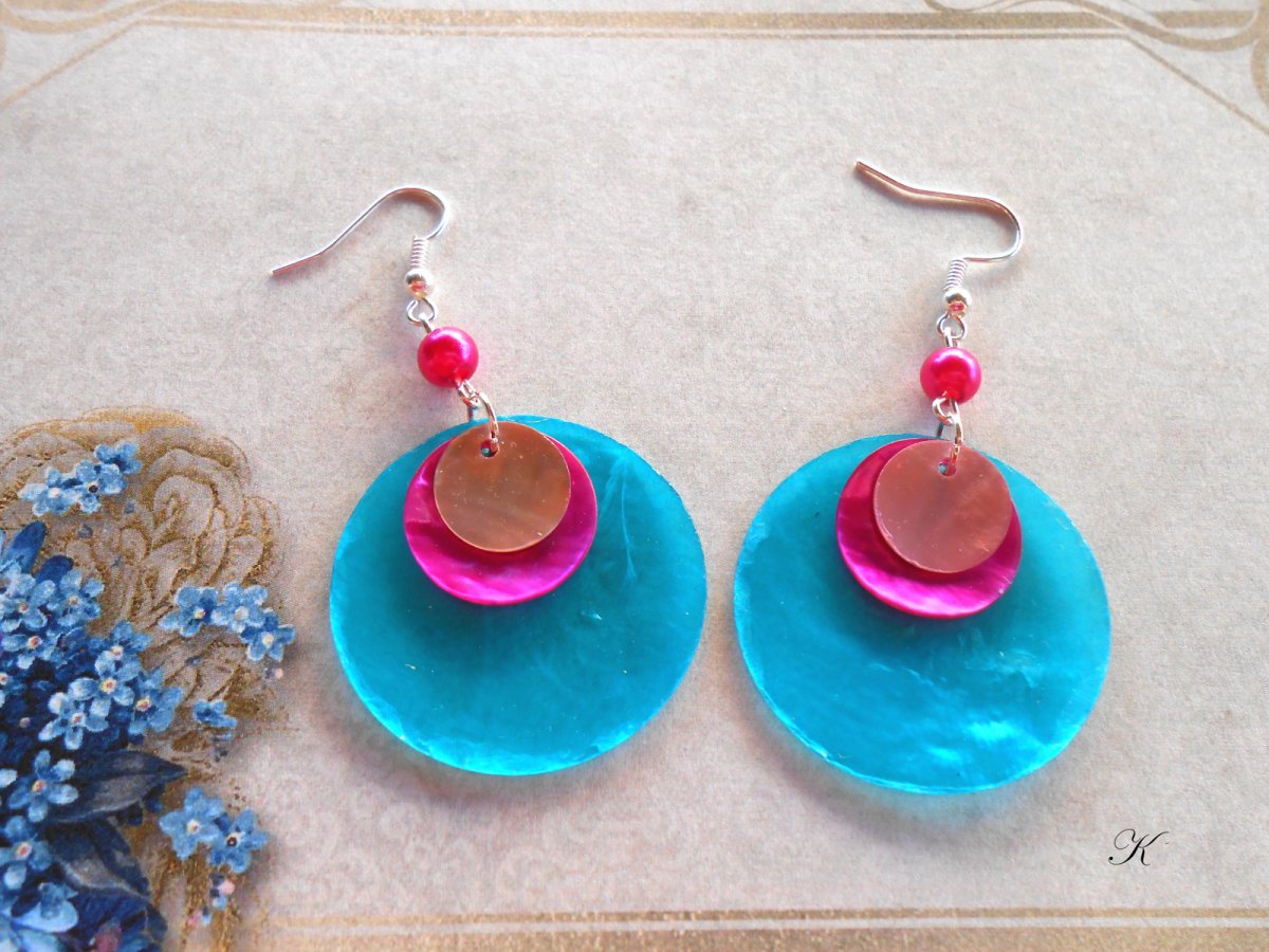 Náušnice perleť tyrkysová+růžová+růžová (114/19)