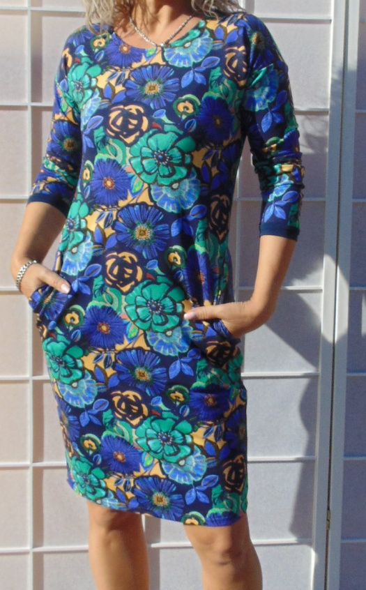 Šaty s kapsami - modrozelené květy S - XXXL