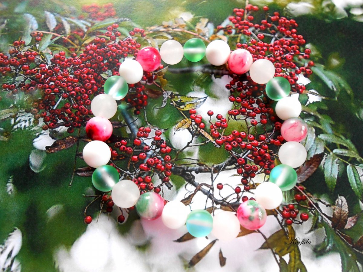 Náramek - achát, růženín, opalit, white fosill (383/19)