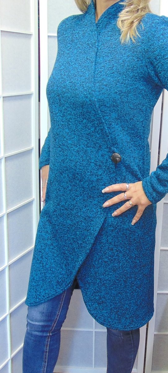 Dlouhý zavinovací svetr - barva tyrkysová (svetrovina)