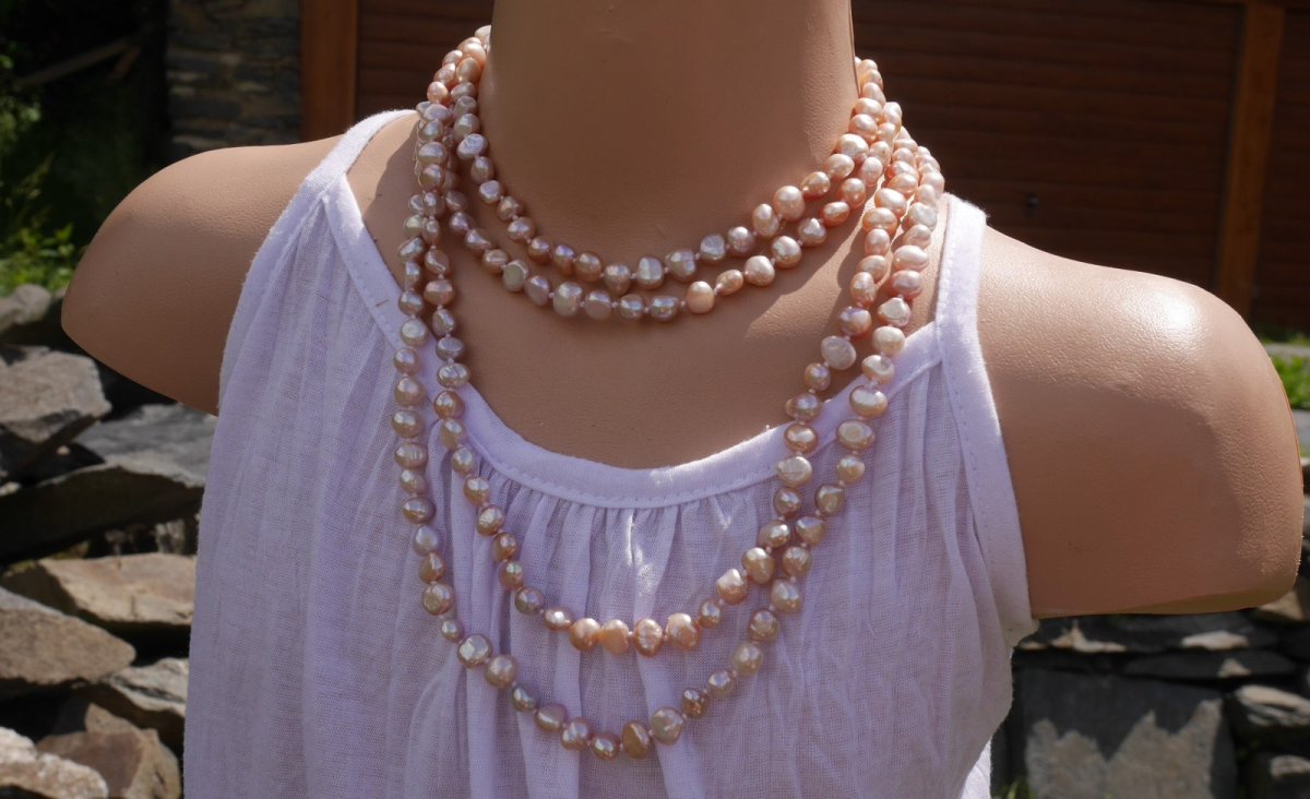 ŘÍČNÍ fialkové PERLY, uzlíkovaný náhrdelník dlouhý 183 cm