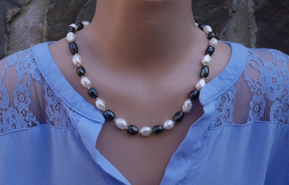 Černobílé říční velké perly, náhrdelník 46 cm