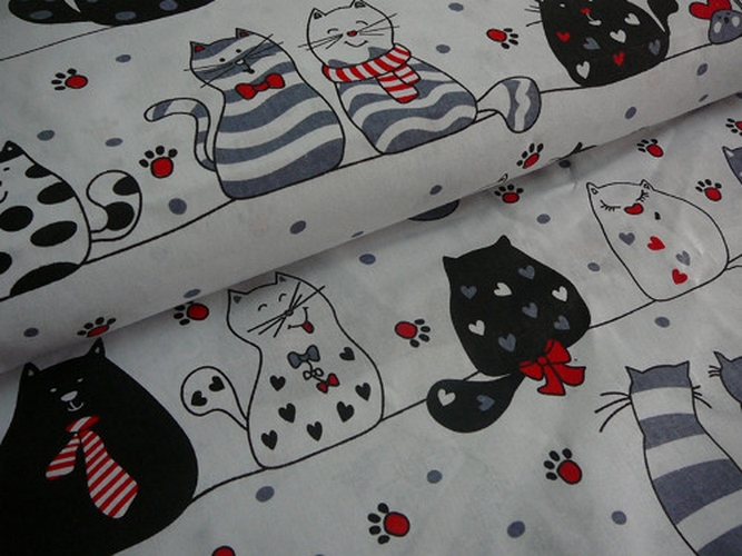 Bavlněná látka - metráž - motiv kočky na na šedé - š. 160 cm
