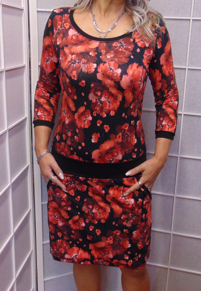 Šaty - červené květy (bavlna)