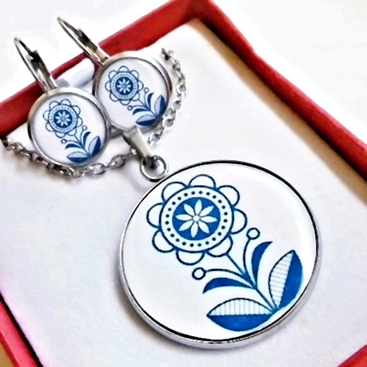 sada Folklórní motiv modrý 2 - náušnice chirurg.ocel, přívěsek