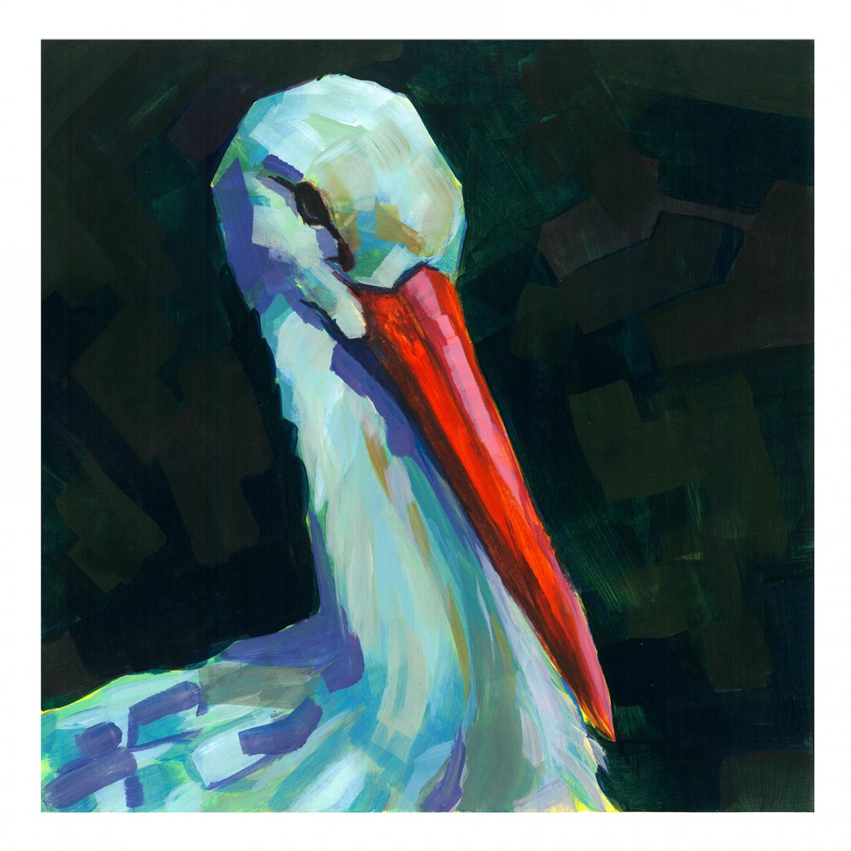 Originální akrylová malba, Čáp, 30 × 30 cm