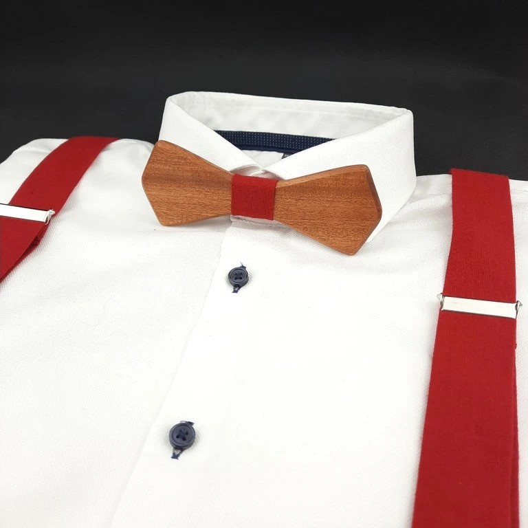 Drevený Motýlik a Traky Vínovo Bordový 