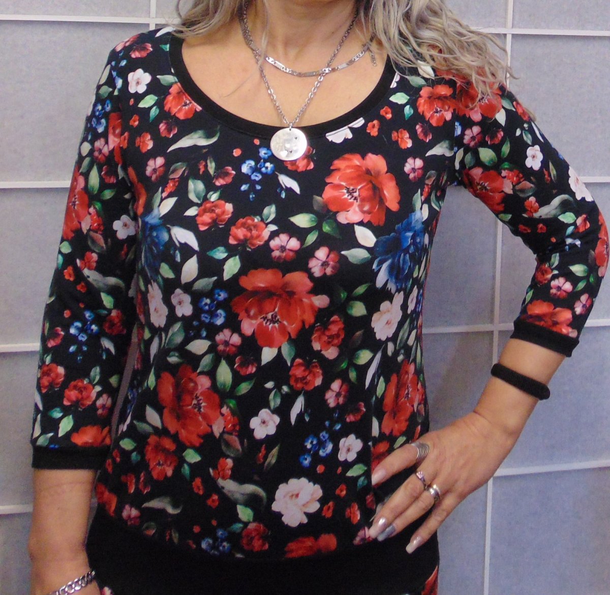 Tričko s 3/4 rukávem - květy (bavlna)