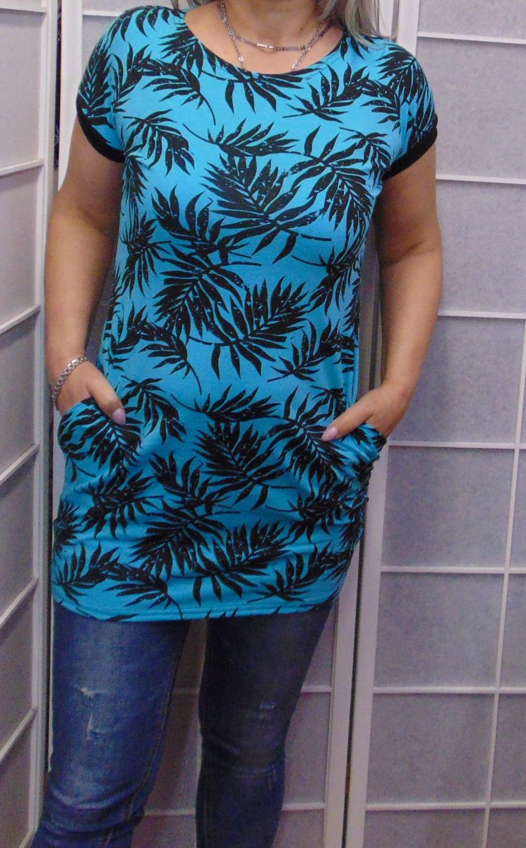 Tunika s kapsami - listy na tyrkysu S - XXXL