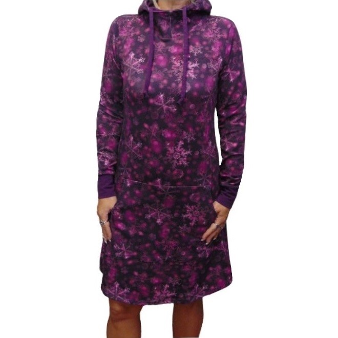 Mikinové šaty s kapucí - vločky S - XXXL