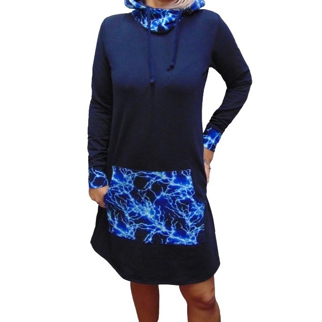 Mikinové šaty s kapucí - blesky S - XXXL
