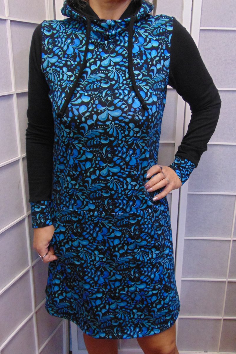 Mikinové šaty s kapucí - tyrkysové lístečky S - XXXL