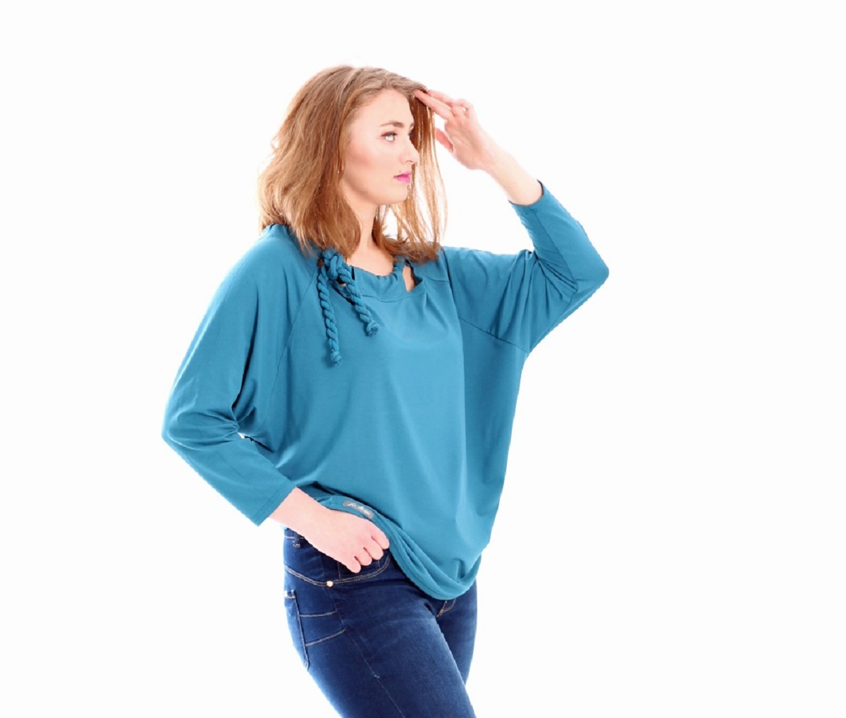 Petrolejová netopýří tunika s vázáním