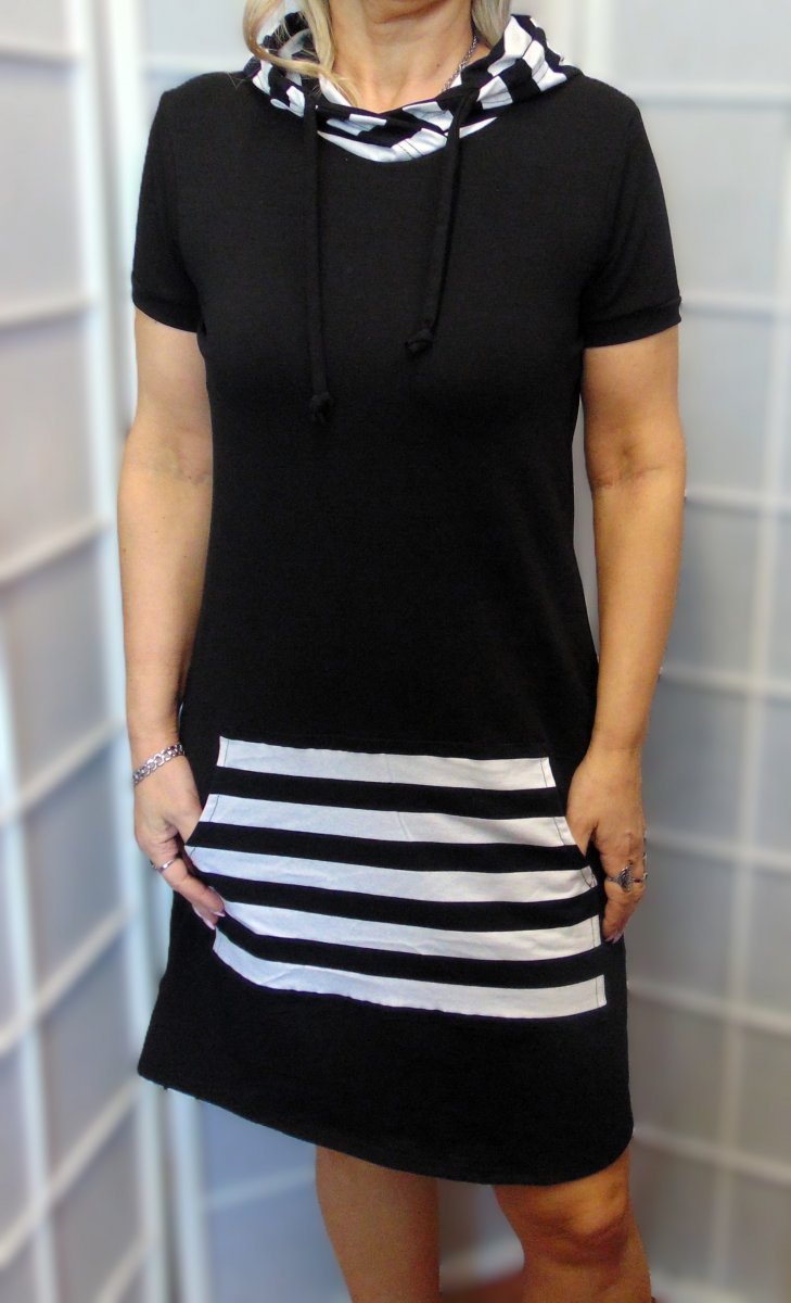 Šaty s kapucí - černé s pruhy (bavlna)