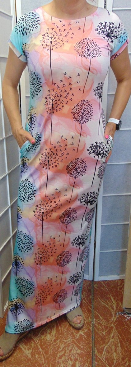 Dlouhé šaty s kapsami - pampelišky (bavlna)