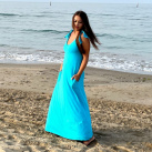 Zvonové šaty dlouhé s vázáním na ramenou tyrkysové