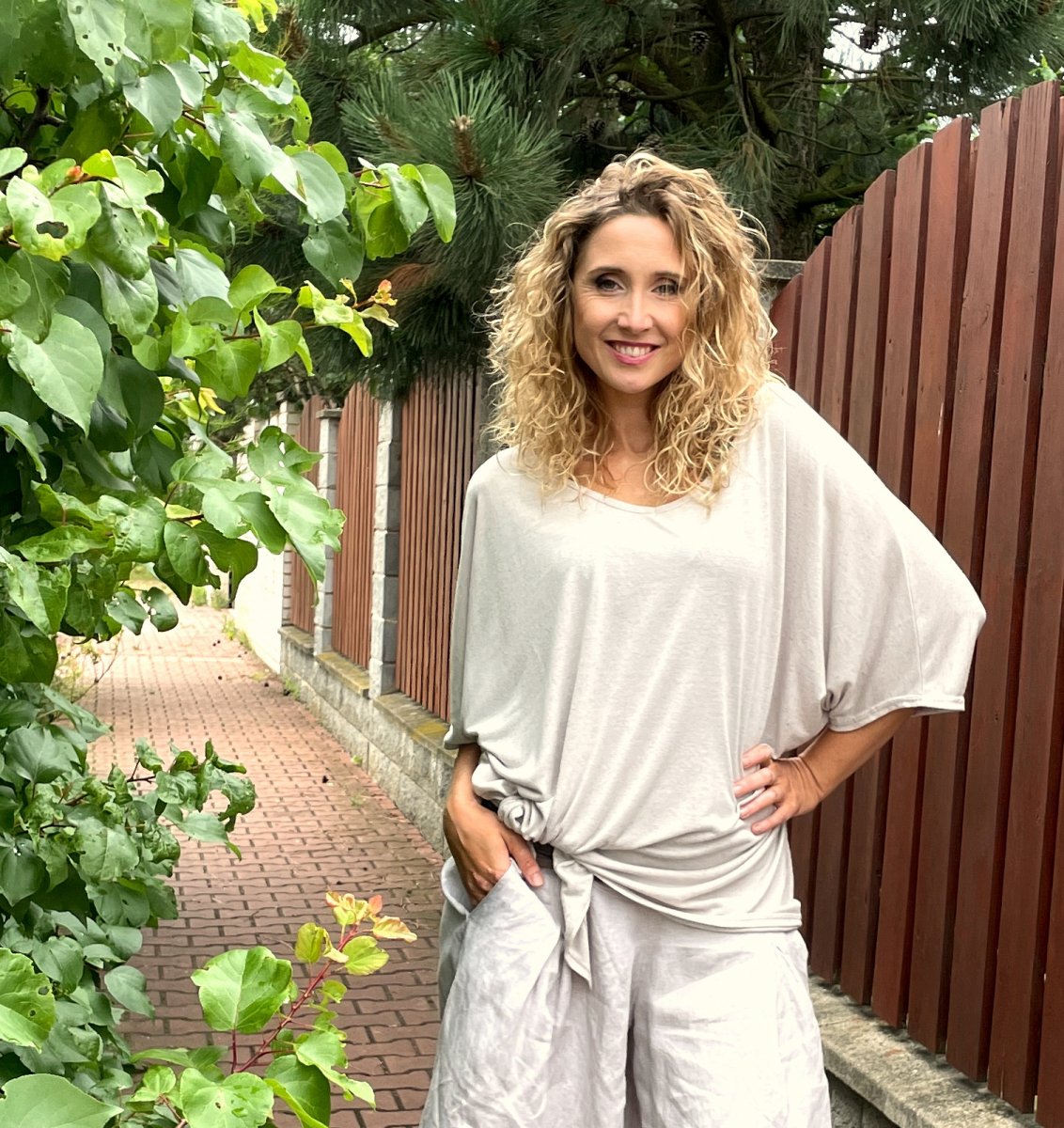 Oversize lněná netopýří tunika krátký rukáv